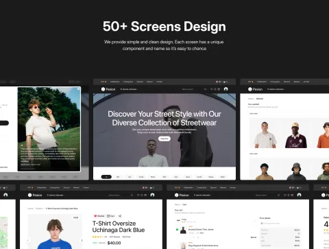 Showcase of 50+ screen designs covering various e-commerce user flows