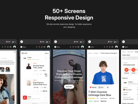 Responsive design preview showing mobile cart, order tracking, and account screens