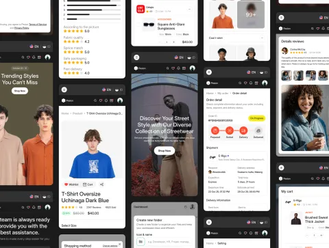 Preview of mobile and desktop screen variations including product pages, cart, and reviews