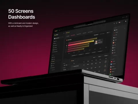 Olive preview highlighting 50 screens dashboards on laptop.