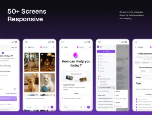 Thumb Mobile responsive screen previews of Zyra Chat AI showing login, gallery, chat, menu, and settings screens.