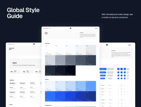 Global style guide showing color palettes and typography