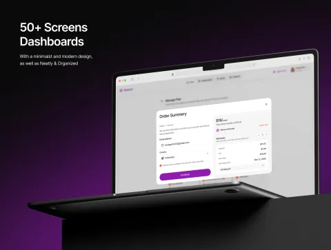 Laptop screen mockup focusing on 50+ screens and dashboard order summary